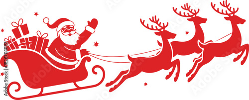 Silhouette of Santa holding one hand on a sleigh with reindeer and waving on a white. Christmas, new year