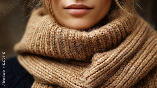 Close-up of Woman Wearing Cozy Knitted Scarf