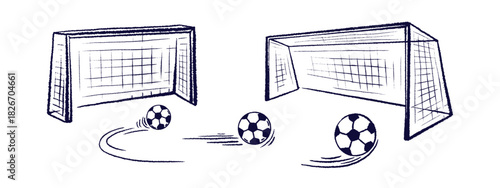 Goal, soccer ball, kick spin motion. Sport gate