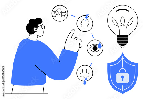 Person pointing to senses icons head, eye, nose, mouth, ear connected with lightbulb and shield. Ideal for creativity, innovation, decision-making safety senses learning protection themes. Simple