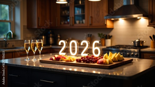 Celebrate 2026 New Year's Eve with bubbly champagne and fresh fruit in a modern kitchen filled with warm light and joyful anticipation for the future