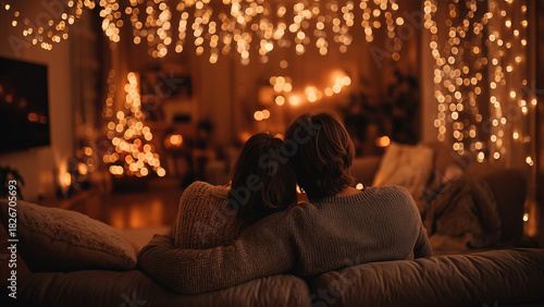 Romantic Couple Relaxing Together Under Warm Christmas Lights