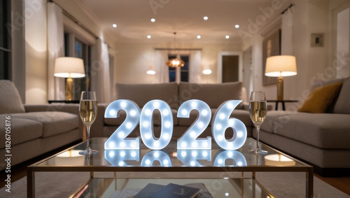 Toast to 2026 with champagne in a stylish living room, perfect for New Year's celebrations and future planning, creating a celebratory atmosphere
