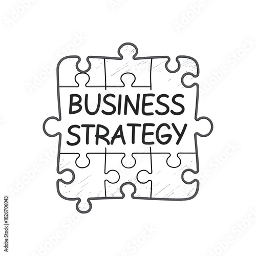 Puzzle pieces forming the words business strategy silhouette