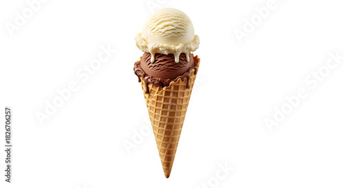 Delicious double scoop ice cream cone with vanilla and chocolate flavor melting slightly, isolated on transparent background