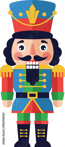 A classic flat vector illustration of a festive Nutcracker soldier wearing a red, blue, and green uniform with gold details,