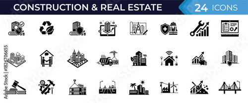 Construction and real estate glyph icon set. Vector pictograms of building, blueprint, safety, smart home, city, crane, infrastructure, investment, repair, bridge, and industrial illustration