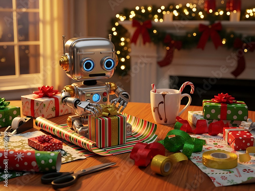 A cute metallic robot wrapping Christmas presents on a wooden table with glowing fairy lights and festive decor, creating a warm cozy holiday atmosphere, no people