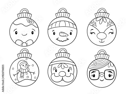 Cute Kawaii Christmas Light Bulb. Adorable Holiday Line Art Illustration