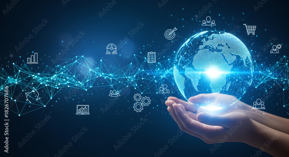 Fototapeta premium Global Network Business Technology Hands Blue Digital Copy Space