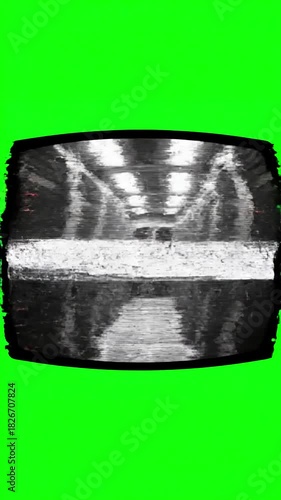 Abstract Tech Background with cctv cam 1 main monitor display scan lines on green screen distortion, overlay, glitch, static noise, black background, 4k animated video loop