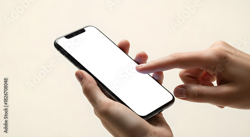 Female Hand Touching Smartphone Blank Screen Mockup Copy Space