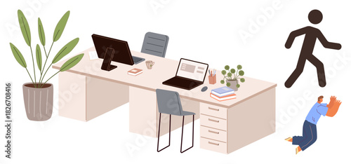 Office desk with laptops, coffee, stack of books, plant, person running, and another lifting a box. Ideal for workplace, productivity, teamwork organization multitasking corporate life modern