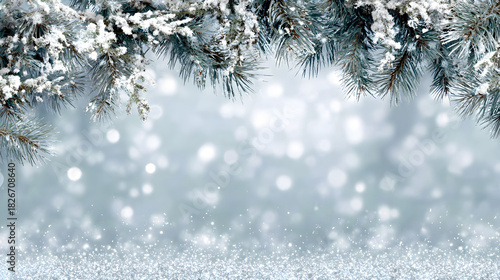 Wallpaper Mural Snowy winter wonderland border with frosted pine sprigs, shimmering flakes and open bright background  Torontodigital.ca