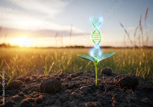 Genetic engineering concept with a glowing dna helix emerging from a young plant seedling in fertile soil at sunset, symbolizing biotech innovation and sustainable agriculture