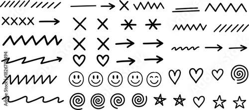 Hand drawn doodle elements arrows hearts stars and smiley faces