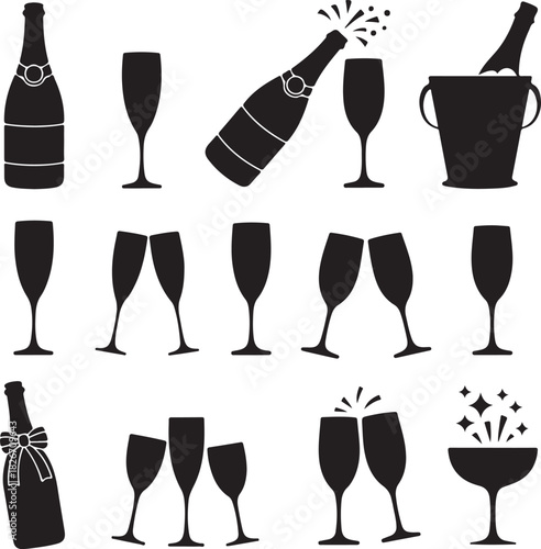 Elegant Champagne Bottle and Glass Silhouettes for Celebration and Events