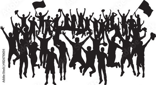 Black silhouette of crowd of people cheering on white background, vector