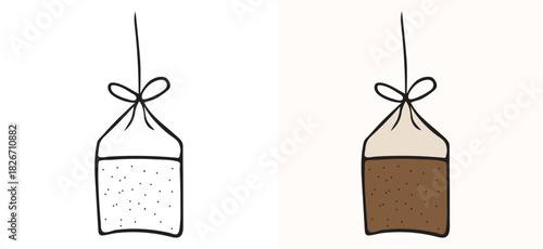Hand drawn sketch illustration of a simple tea bag tied with a string. Line art doodle style outline drawing isolated on a white background, perfect for menus, packaging, labels, or any food and bever