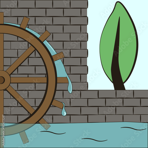 Vector illustration of old wooden water mill wheel on the backdrop of castle brick wall. Hand drawn art with texture brick and water mill. EPS 10
