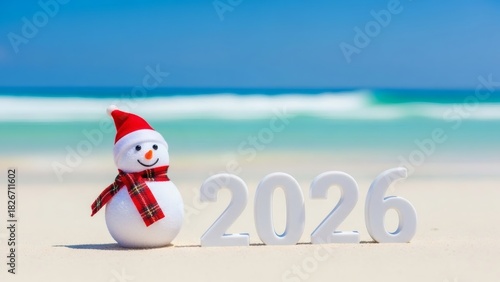 2026 Tropical Christmas Snowman on white sand beach celebrates the new year.