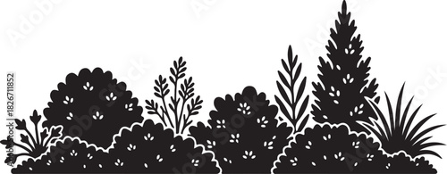 Black silhouette of bush and shrubs on white background, vecto