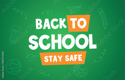 Back to school vector design concept with educational elements in cartoon style on a green background illustration banner
