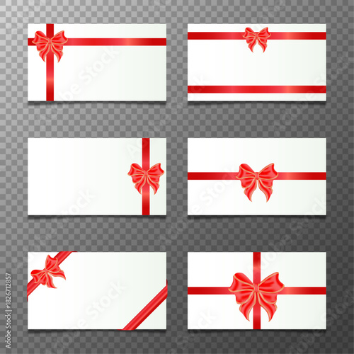 Set of gift card templates with red ribbon and bow. Festive blank voucher design for holidays and celebrations.