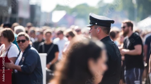 Police officer monitoring crowd safety at outdoor summer event in daytime, public security and law enforcement presence for festival management and community protection