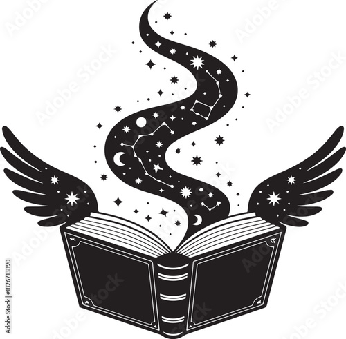 black silhouette of a witch’s spellbook, its pages fluttering as if stirred by unseen magic under a soft, eerie dim light. 