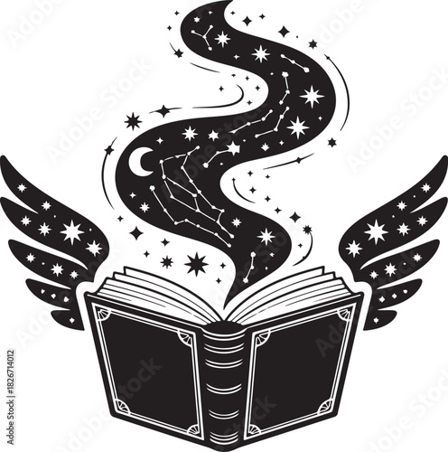 black silhouette of a witch’s spellbook, its pages fluttering as if stirred by unseen magic under a soft, eerie dim light. 