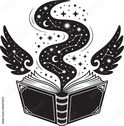 black silhouette of a witch’s spellbook, its pages fluttering as if stirred by unseen magic under a soft, eerie dim light. 