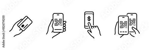Mobile online payment line icon vector set featuring smartphone money transfer symbols, digital transaction codes, financial outline illustrations, modern fintech elements, and secure electronic payme