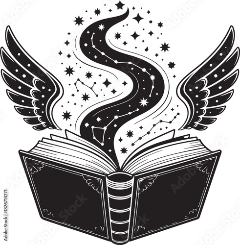 black silhouette of a witch’s spellbook, its pages fluttering as if stirred by unseen magic under a soft, eerie dim light. 