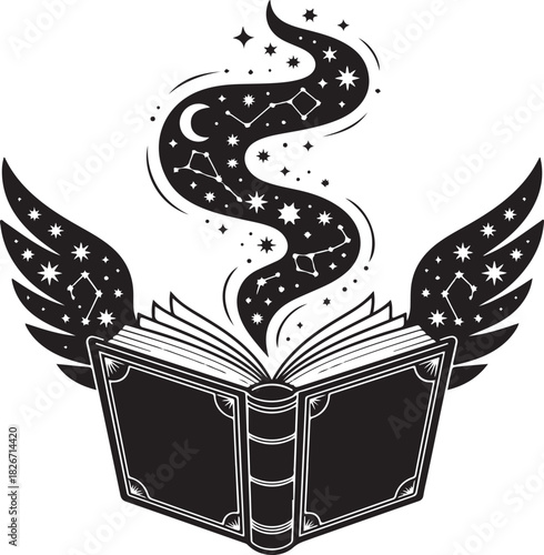 black silhouette of a witch’s spellbook, its pages fluttering as if stirred by unseen magic under a soft, eerie dim light. 