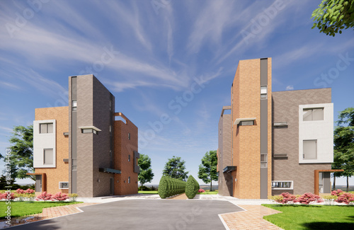 3D architectural rendering of a pair of modern low-rise residential buildings set within a landscaped park-like environment. The design features clean, geometric forms with a mix of warm-toned brick.