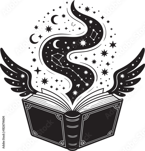 black silhouette of a witch’s spellbook, its pages fluttering as if stirred by unseen magic under a soft, eerie dim light. 