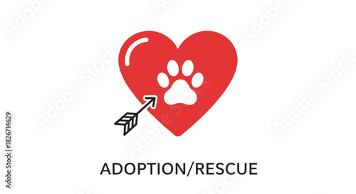 Red heart with white paw print and arrow, adoption rescue illustration, animal shelter symbol, love for pets graphic design element with pet adoption