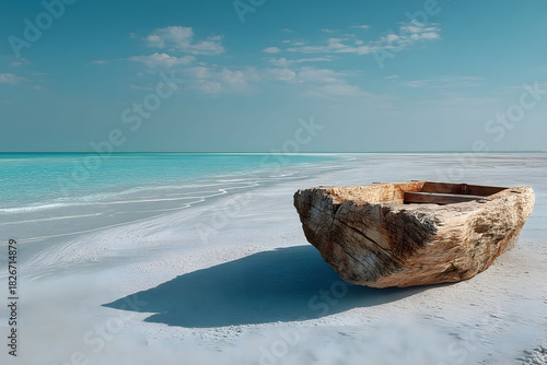Tranquil Seascape with Weathered Driftwood on Serene Beach under Clear Blue Sky