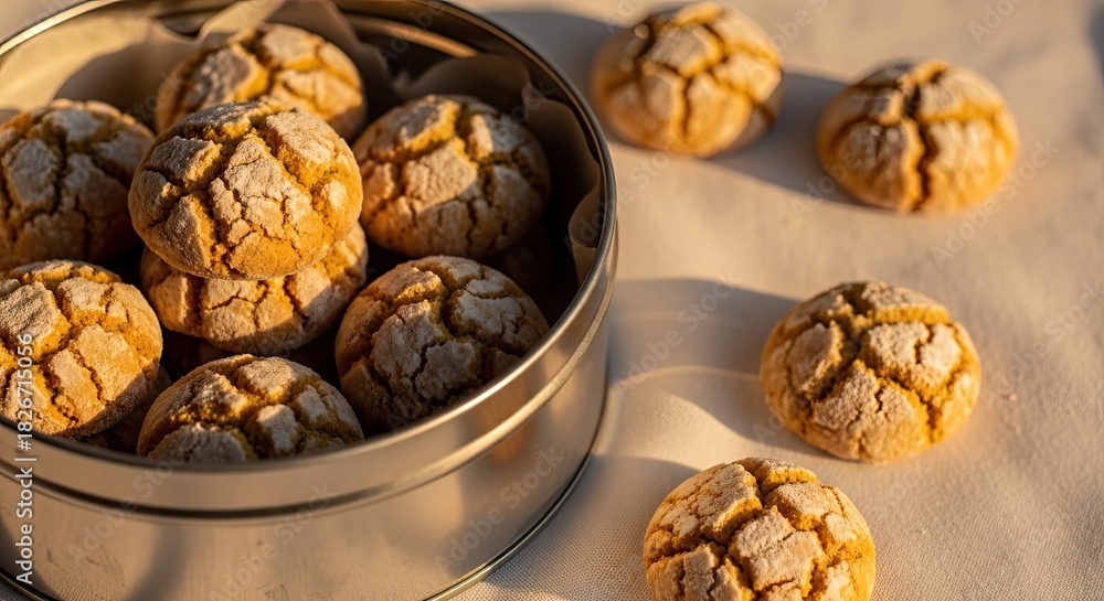 Obraz premium Close-up of golden, crackled cookies spilling from a tin onto a white surface. Natural light enhances their texture. Some cookies are neatly stacked, others scattered. 