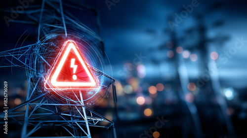 Digital interface showing cyber attack warning, defocused electrical grid background, security risk alert, power infrastructure threat, vulnerability detection concept, critical sy