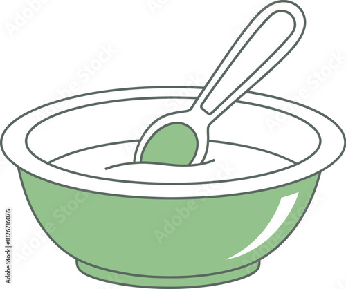 Simple illustration of a light green bowl filled with creamy food and a spoon.