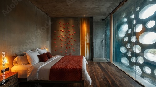 A bold and edgy bedroom with textured concrete walls, rich wooden flooring, and a contemporary glass window with sleek lines