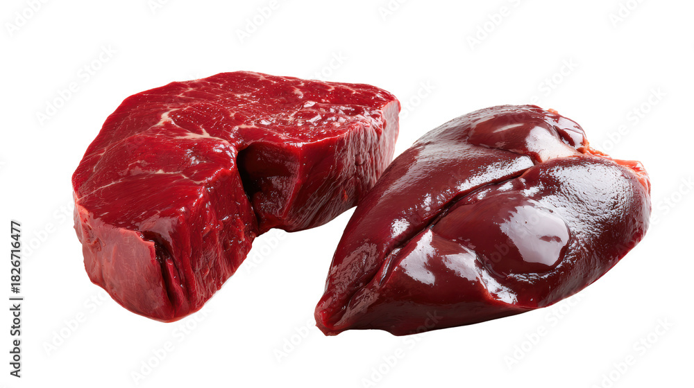 Obraz premium Fresh cuts of beef and liver, showcasing fine marbling and color.
