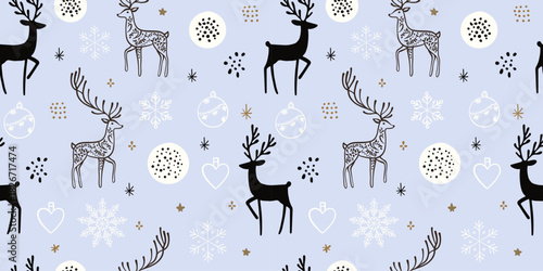 Seamless winter reindeer pattern with snowflakes, Christmas ornaments, hearts and decorative dots on light blue background, cute hand drawn festive holiday illustration,  vector for kids, wrapping 