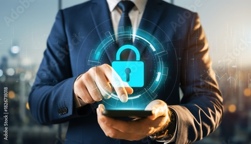 Businessman in Sharp Navy Blue Suit Holding Black Smartphone Touching Glowing Cyan Lock Security Icon with Blurred Urban City Lights Night Background