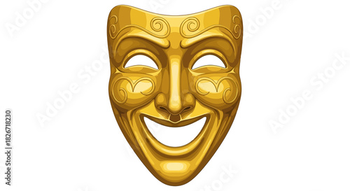 Golden theatrical mask with a happy expression and ornate swirling details
