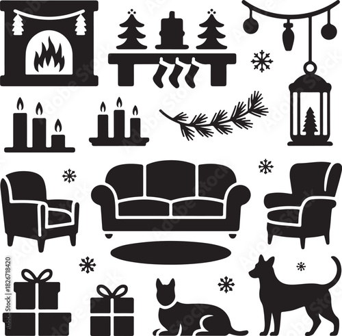 Festive Christmas Home Decoration Icons Black and White Vector Illustration