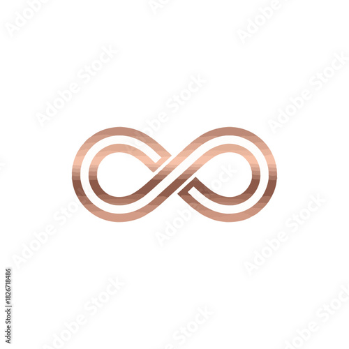 A rose gold infinity symbol with a metallic sheen on a white background.