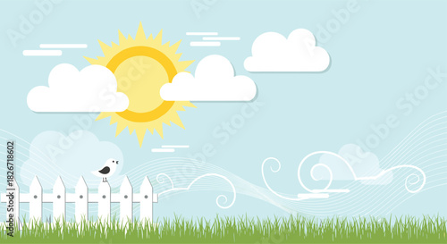 A vibrant flat design illustration capturing a serene sunny day scene with a bird on a white picket fence, green grass, and stylized wind.